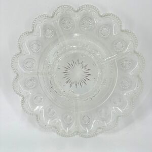 Retro 1970s Pressed Glass Divided Serving Dish Scalloped Edge Starburst Pattern